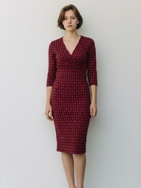 Miss Tina Red and Black Printed Midi Wrap Dress